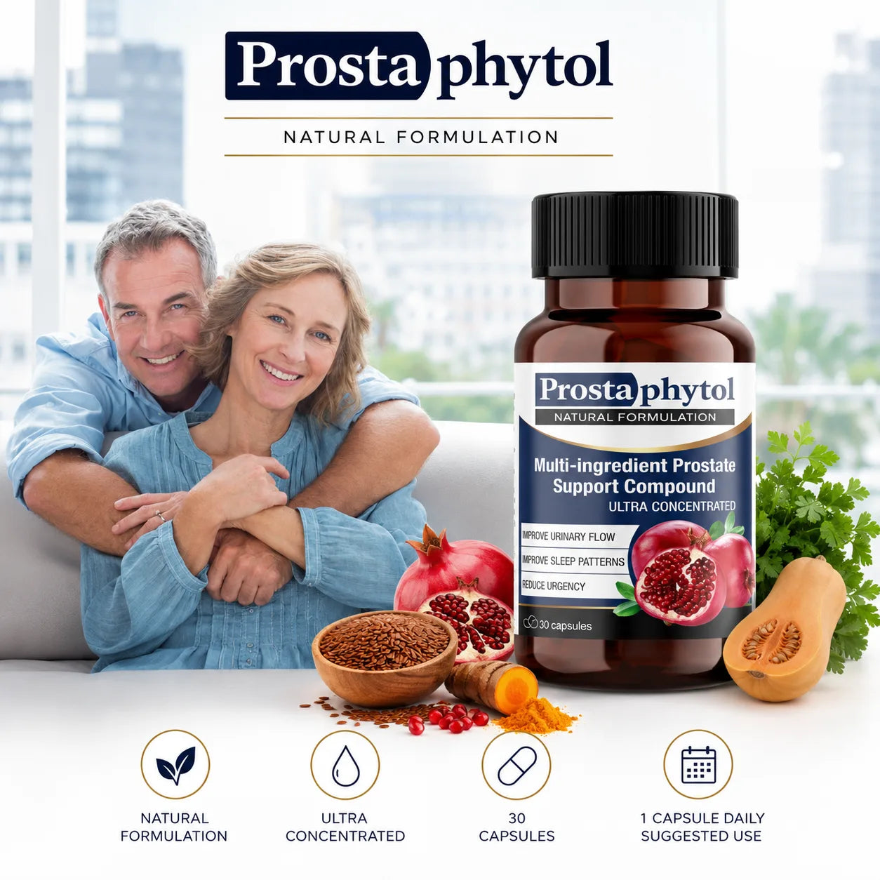 Prostaphytol supplement bottle with natural formulation and herbal ingredients