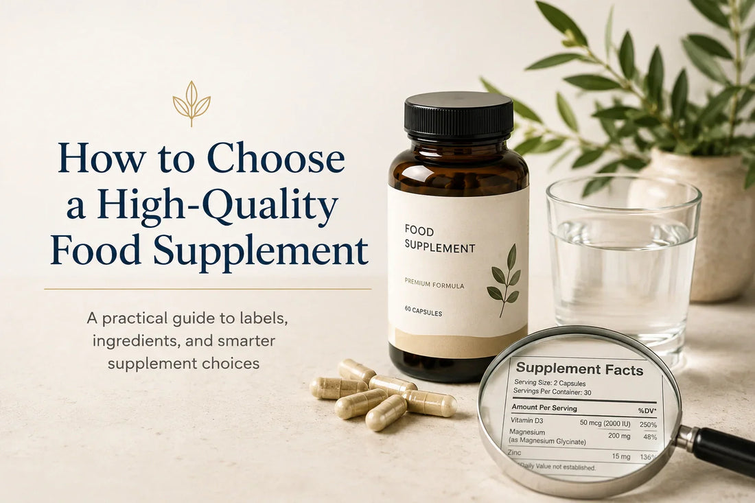 How to Choose a High-Quality Food Supplement - premium wellness supplement bottle with supplement facts label and magnifying glass on neutral background suitable for health and wellness blog article on Vitalore.eu
