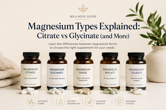 Magnesium supplement types explained infographic featuring citrate, glycinate, oxide, malate and taurate bottles on a clean wellness background.