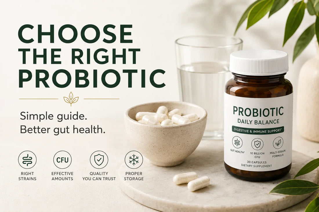 Minimal probiotic supplement guide image with capsules, digestive wellness concept, clean editorial layout and gut health support visuals.