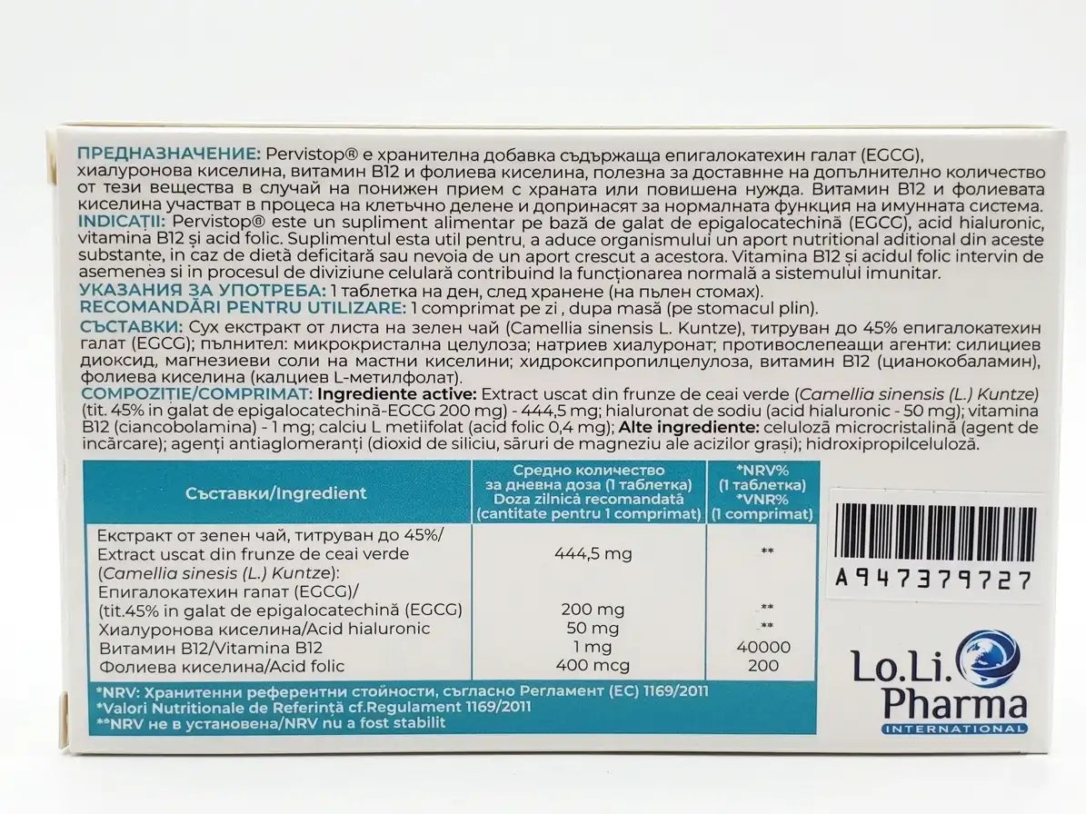 PERVISTOP 30 Tablets ingredients and nutritional information