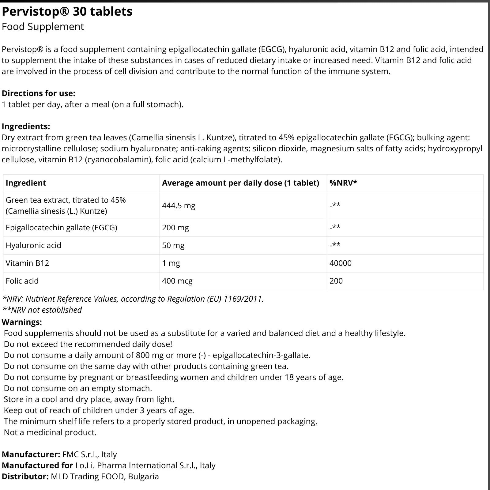 PERVISTOP 30 Tablets product information, ingredients, dosage and warnings