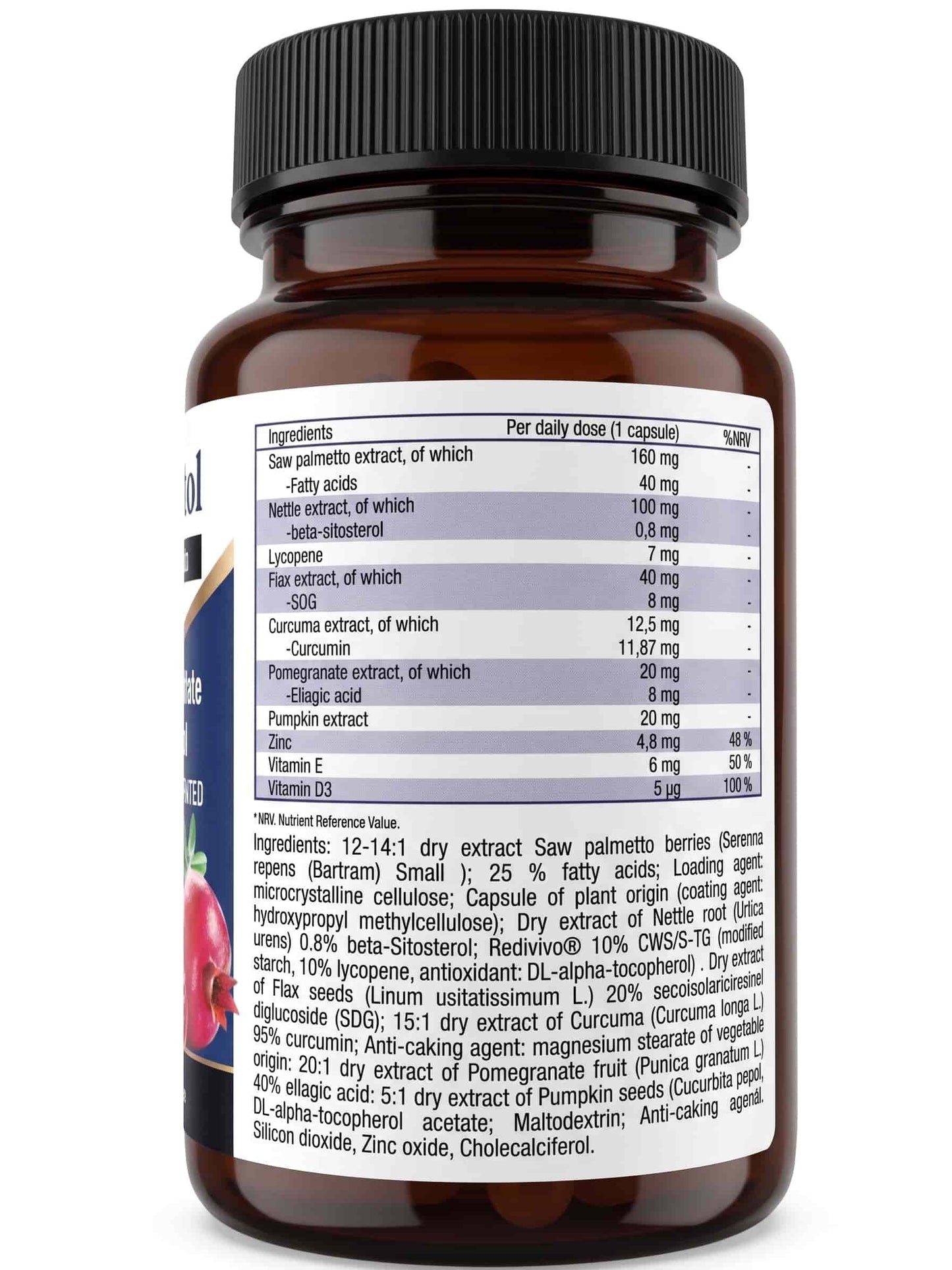 Prostaphytol food supplement back label with ingredients table