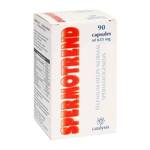 SPERMOTREND 90 Capsules 633 mg product box showing selenium food supplement by Catalysis