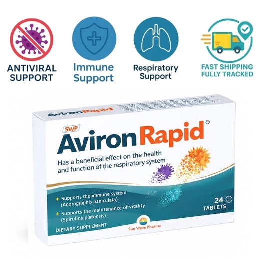 Aviron Rapid dietary supplement box with immune respiratory support and tracked shipping infographic image