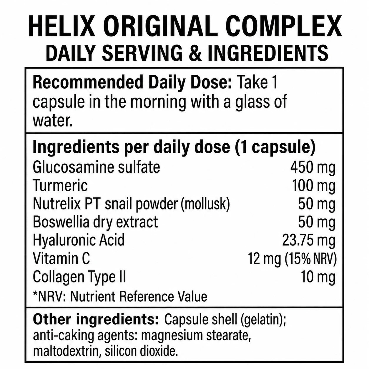 Helix Original COMPLEX daily serving and ingredient information