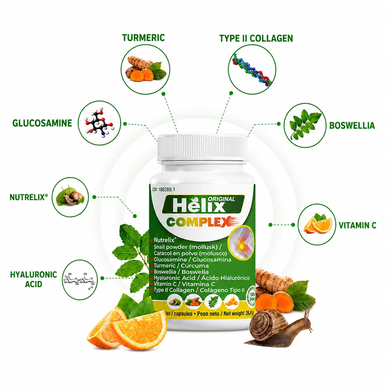 Helix Original COMPLEX ingredients including glucosamine, turmeric, Boswellia, collagen and Vitamin C