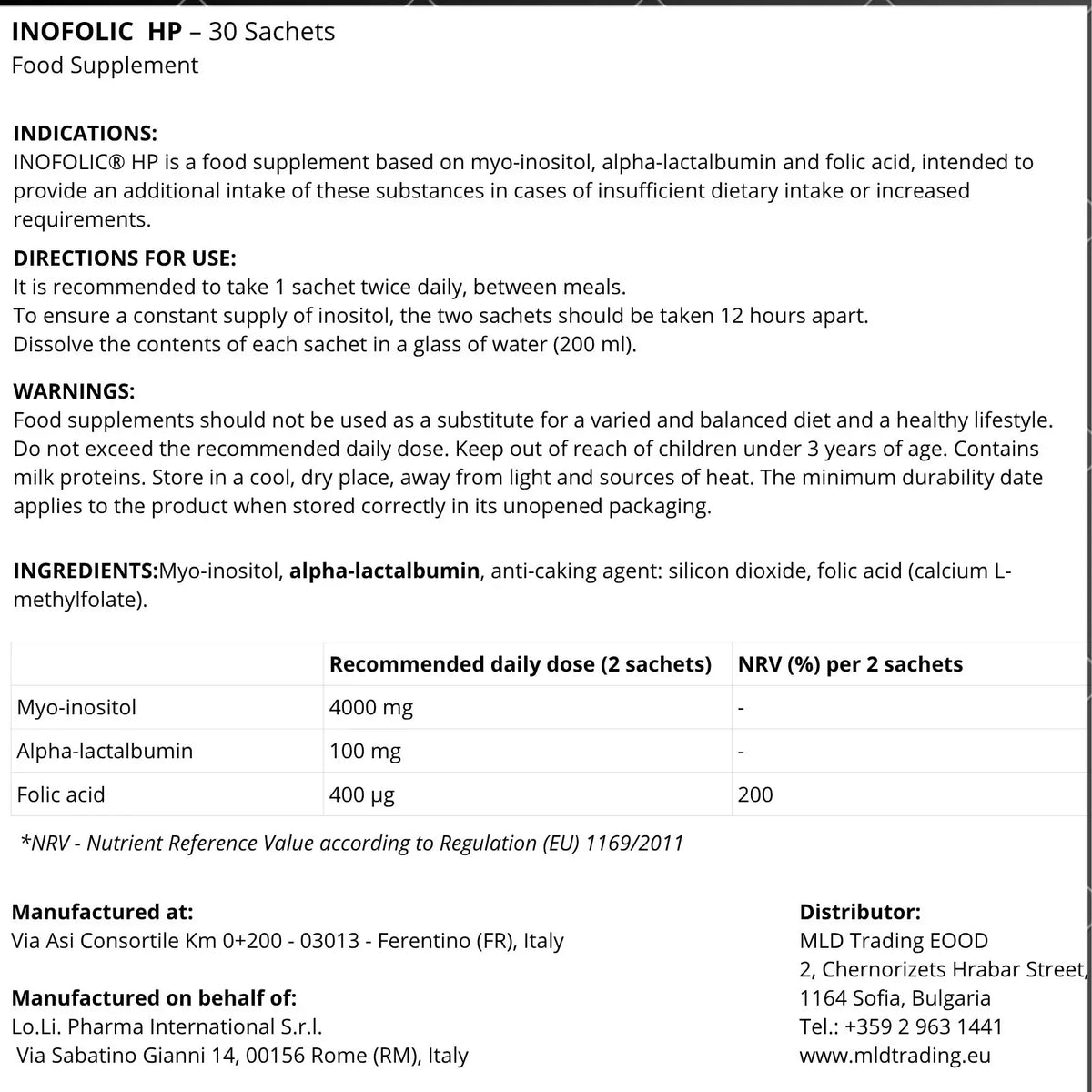 Inofolic HP 30 Sachets ingredients, dosage, directions and warnings