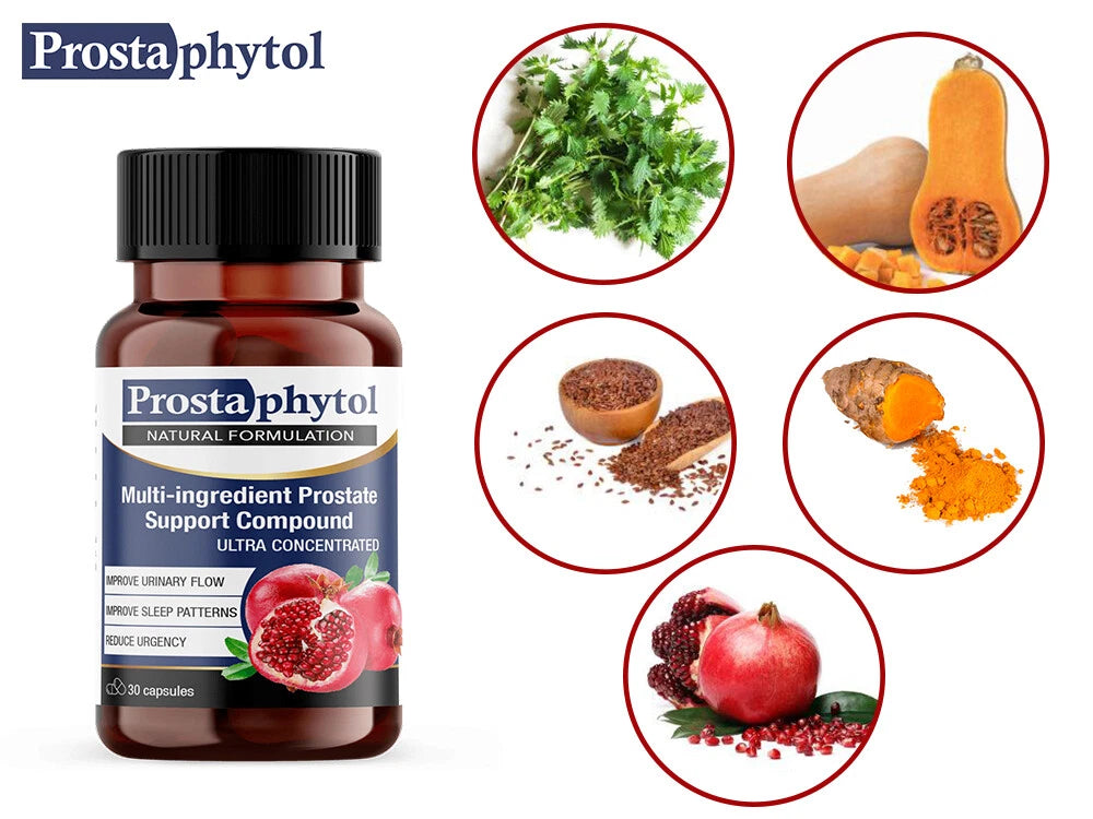 Prostaphytol prostate support supplement bottle with natural ingredient illustrations including pomegranate turmeric flaxseed nettle and pumpkin image