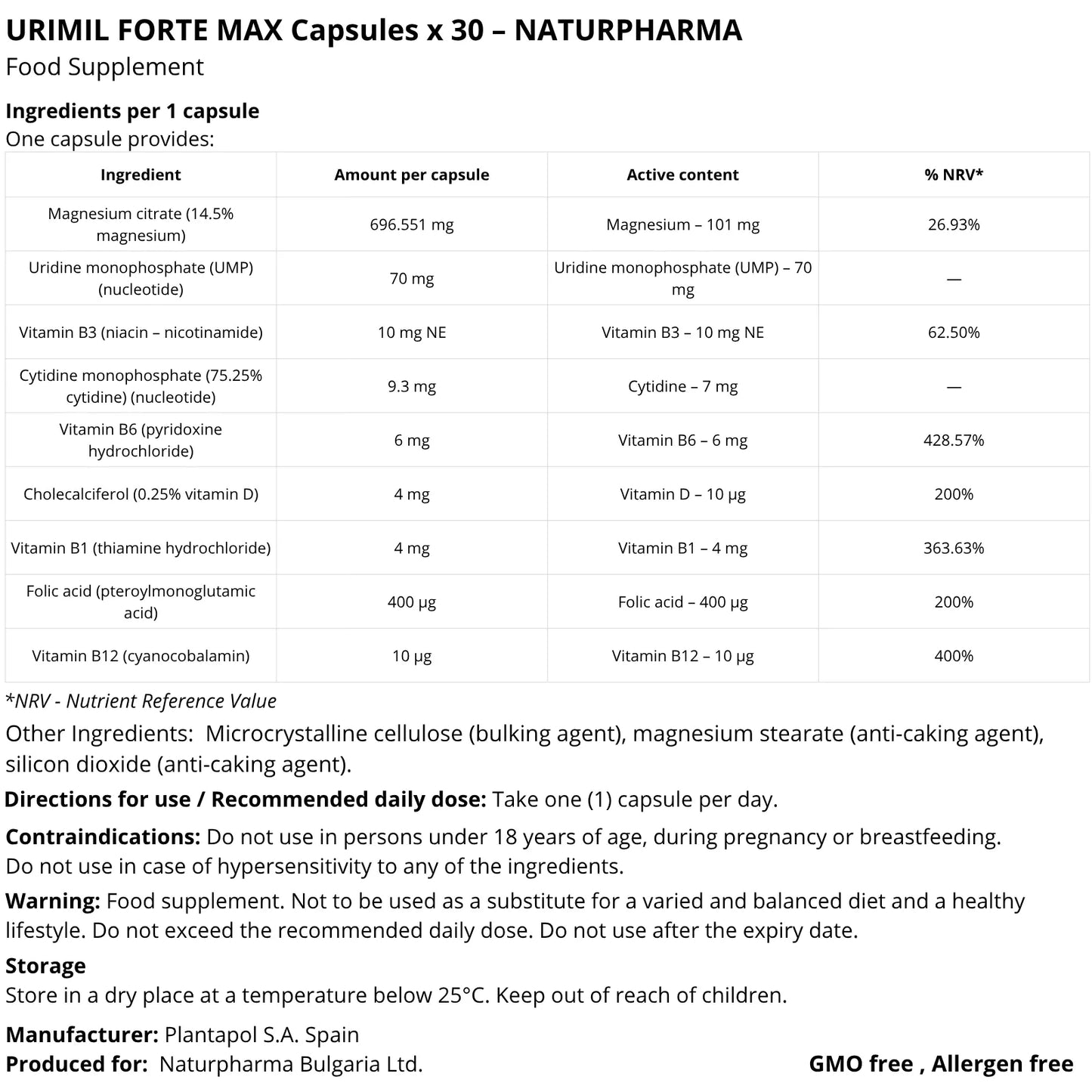 Urimil Forte Max Supplement Facts and Ingredients Panel