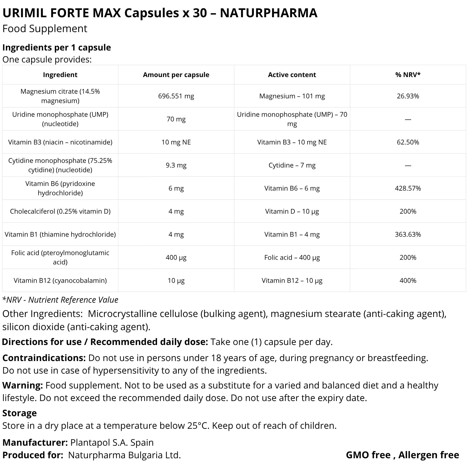 Urimil Forte Max Supplement Facts and Ingredients Panel