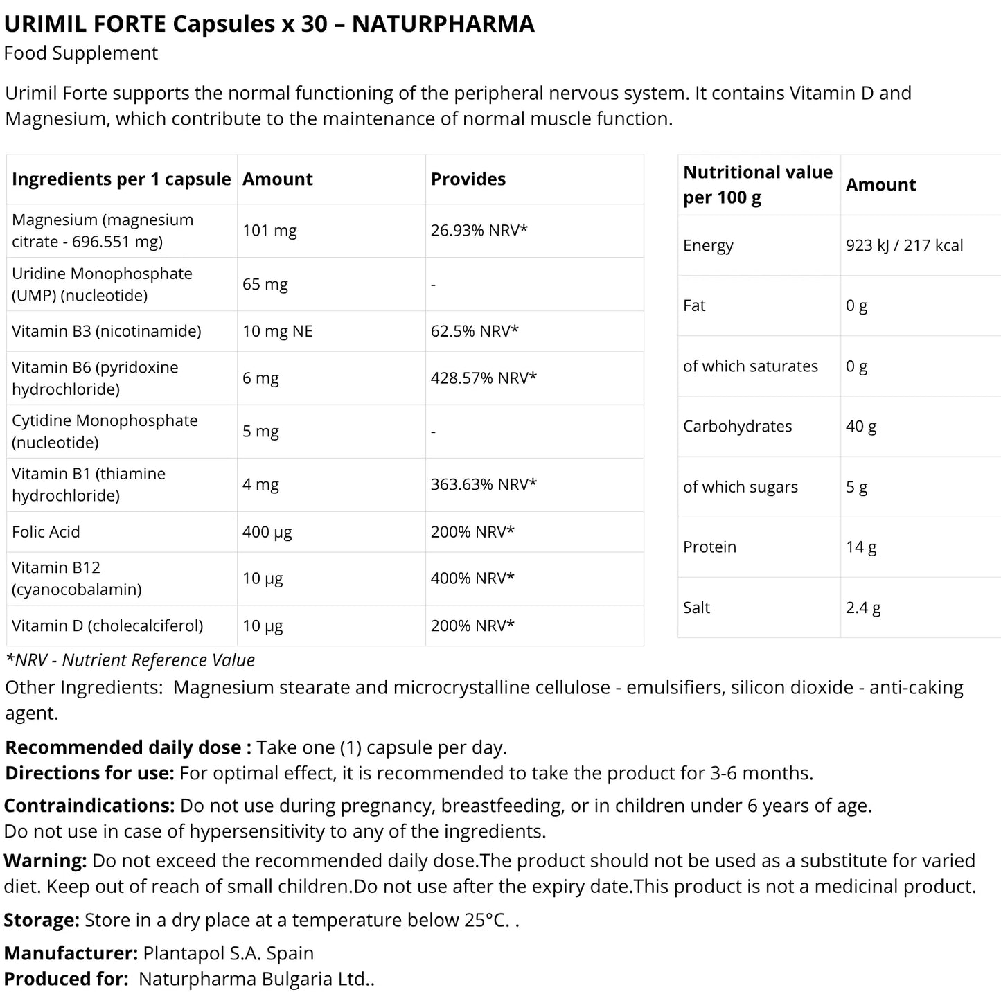 Urimil Forte 30 Capsules Ingredients and Supplement Facts