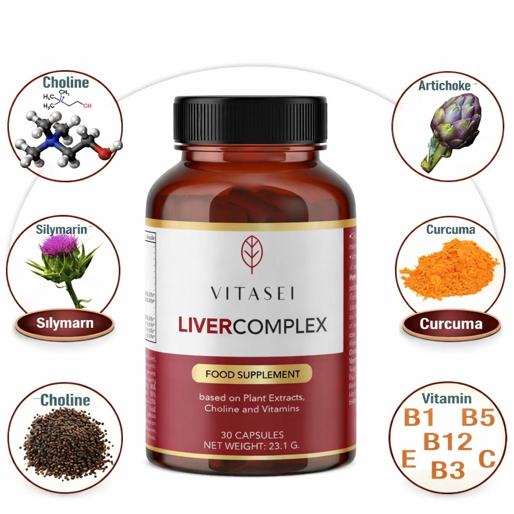 Vitasei Liver Complex 30 Capsules with Choline Artichoke Curcuma Silymarin and Vitamins Ingredient Infographic Image