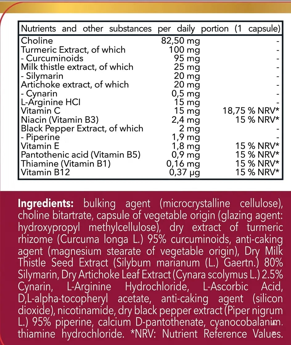 Vitasei Liver Complex Supplement Facts and Ingredients Label with Choline Turmeric Milk Thistle and Vitamins Image