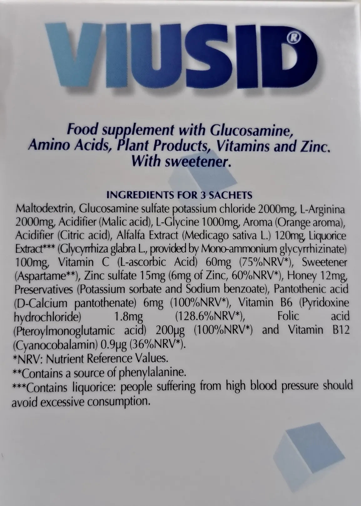 VIUSID Supplement Ingredients Vitamins Zinc and Amino Acids Information Label
